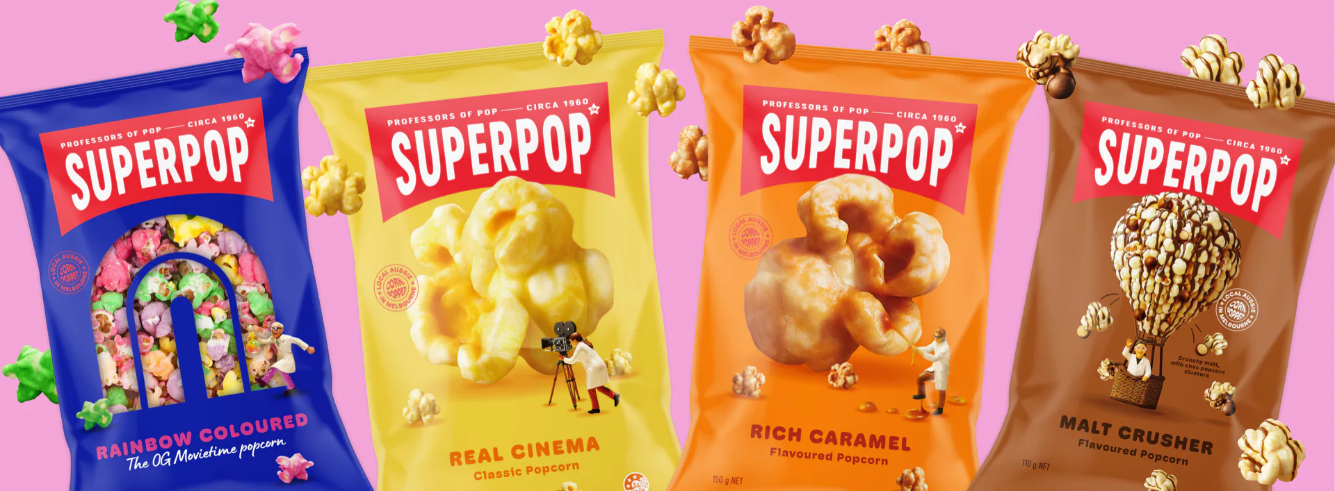 Superpop range — Rainbow Coloured, Real Cinema, Rich Caramel and Malt Crusher popcorn